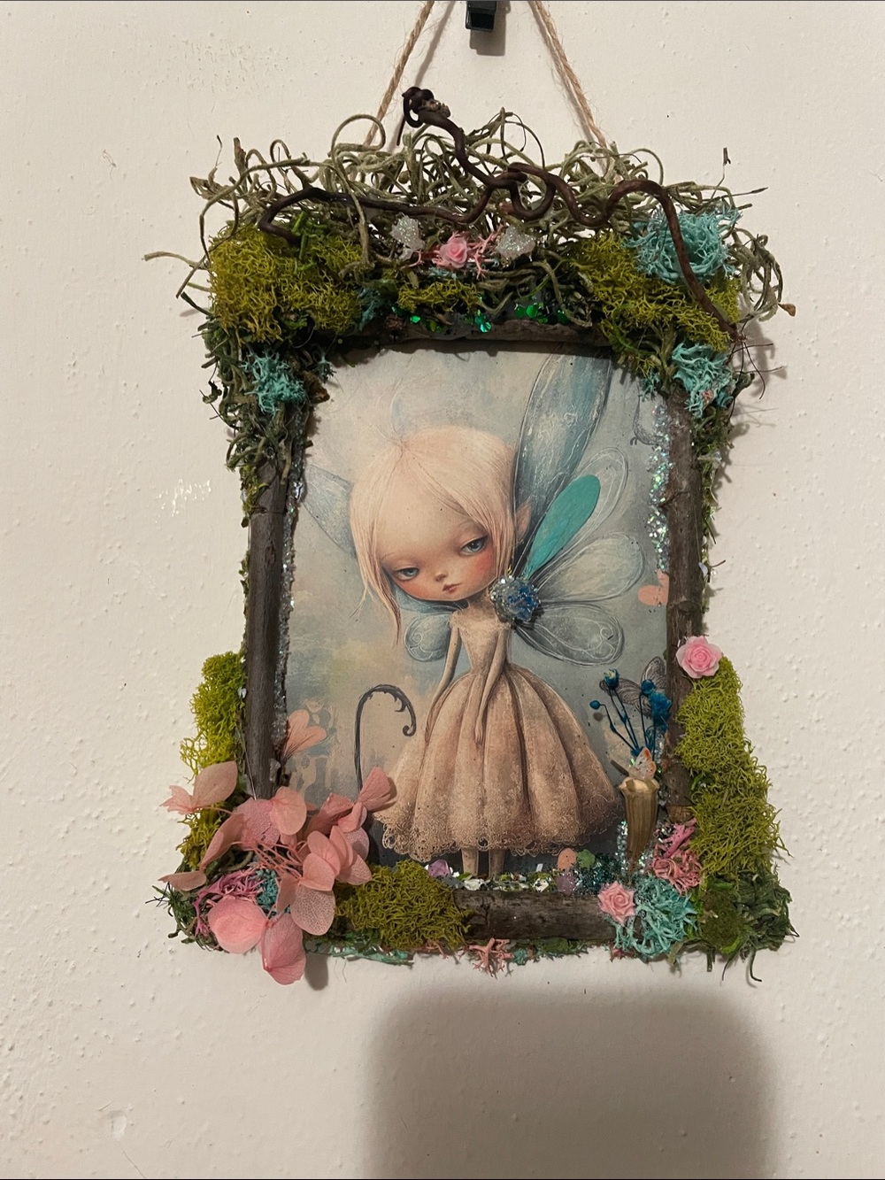 Whimsical Fairy Art Print with Mossed handcrafted Frame - Teal & Pink Accents